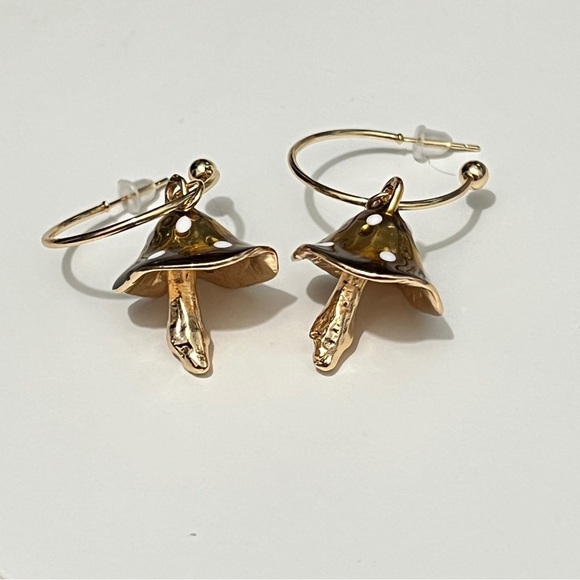 Gold Mushroom Fun Cottagecore metal Hoop Earrings - Picture 2 of 4